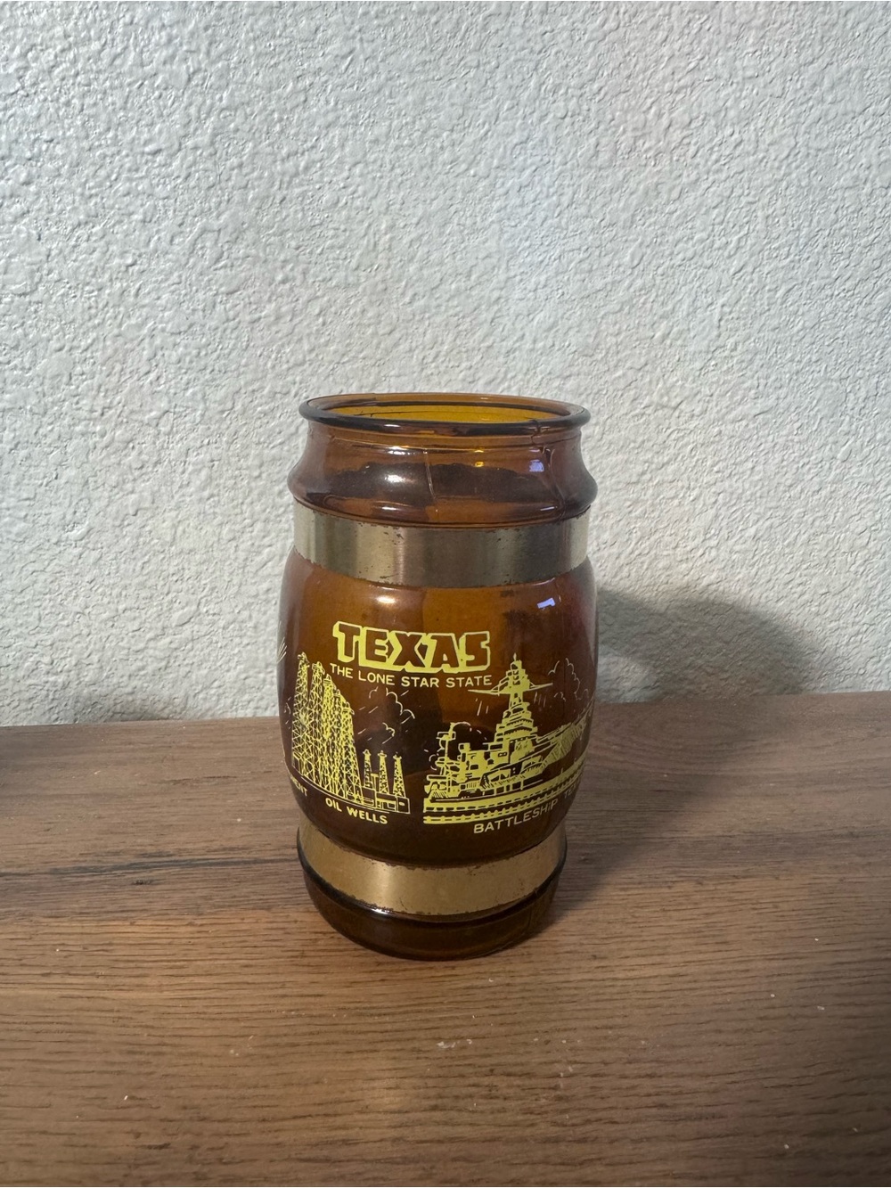 Vintage Amber Texas Souvenir Glass Jar with Gold Graphics